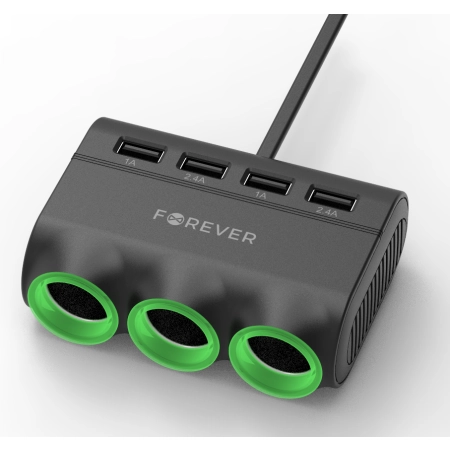 Rozdzielacz gniazda zapal 3 gn+4xUSB+kabel Forever CSS-05 czarny